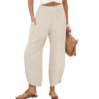 Summer New High-Waist Loose Solid-Color Side-Pocket Cropped Trousers