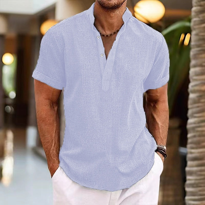 Summer Men's Retro Short Sleeve Stand Collar Top