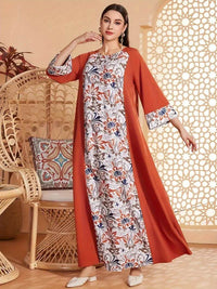Elegant Floral Print Long Sleeved Abaya Robe Dress