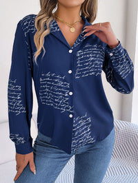 Women's Casual Versatile Letter Print Notched Lapel Long Sleeve Shirt