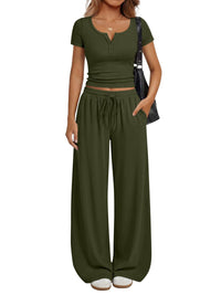 Women's Loungewear Short-Sleeve Top And Wide-Leg Pants Set