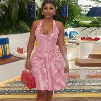 Fashionable And Simple Womens Solid-Color Printed Striped Dress