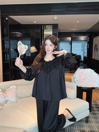 Back-Openwork Lace-Patched Pajama Set Womens Rayon Loungewear Suit