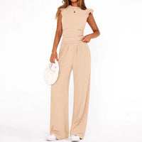 Womens Solid-Colored Summer Two-Piece Set Ruffled Hem Wide-Leg Pants Casual Fashion Outfit