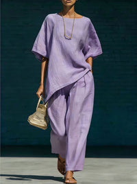 Short-sleeve Top With An Asymmetrical Hem And Wide-leg Pants Set