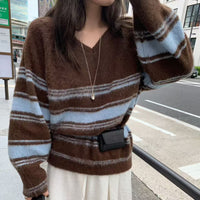V-neck Layered Striped Brushed Lazy Style Versatile Knit Sweater Women