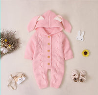 Three-dimensional Bunny Ears Hooded Knitted Romper