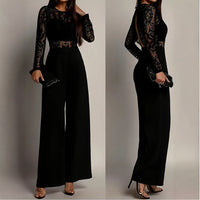 Womens Lace-Panel Long-Sleeve Wide-Leg Jumpsuit