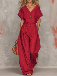 Solid-color V-neck Short-sleeve Top And Wide-leg Pants Set