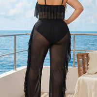 Womens Sexy Sheer Mesh Ruffle-Trimmed Pants Two-Piece Set