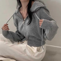 Double Zipper Loose Casual Long Sleeves Hooded Sweater Coat