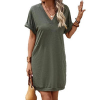Summer New Style Casual V-Neck Pocket Short-Sleeve Womens Dress