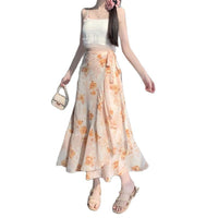 Summer Elegant Printed Chiffon Skirt One-Piece Lace-Up Apron