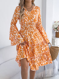Women's Vintage Bell Sleeve Ruffle Trim Tie Waist A-Line Dress