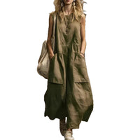 Womens Loose-Fitting Sleeveless Cotton-Linen Dress With Pockets
