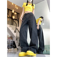 Fashion Rhinestone Jeans Heavy Industry Slimming Slim Fit Straight Wide Leg