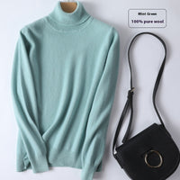 Pure Wool Sweater Women's Turtleneck Pullover Solid Color Loose Short