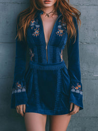 Female Zipper V-neck Blue Embroidered Dress