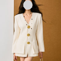 White Small Suit V-neck Embossed Metal Buckle Waist Trimming Coat Women