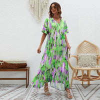 Printed High-Waisted Loose Fit Swing Dress With Short Sleeves For Women
