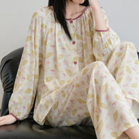 Womens Loose-Fit Long-Sleeve Long-Pants Printed Loungewear Set