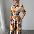 Womens Blouse-collar Puff-sleeve Cross-tie Waist Printed Dress