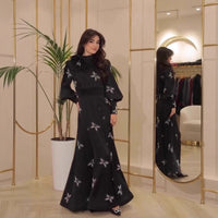 Retro Print Long-Sleeve Bow-Knot Dress