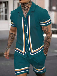 Fashion Men's Cuban Collar Shirt Two-piece Set