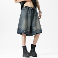 Retro Washed Ripped Splash Ink Five Points Denim Men's Shorts