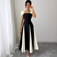 French-style Sophisticated Gown Black-and-white Contrast Patchwork Off-shoulder Dress
