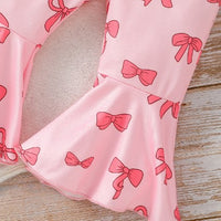 Two-piece Girls' Long Sleeve Flounced Sleeve Sweater Printed Bow Flared Pants Suit