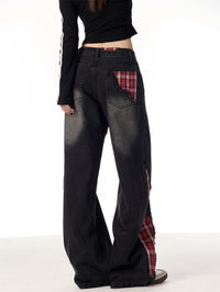 Bowknot Loose Sweet Cool Plaid Stitching Jeans Women's Straight Wide Leg Pants