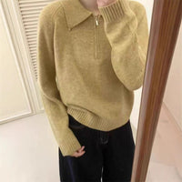 Lapel Half Zipper Solid Color Sweater For Women Loose Pullover