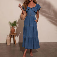 Womens Fashionable Loose Denim Dress With Round Neck Ruffled Hem, And Flared Skirt