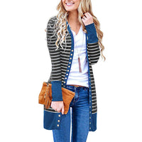 Autumn And Winter Plus Size Women's Fashionable Mid-length Button Striped Cardigan