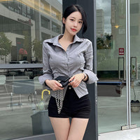 Elegant Gray Design Shirt With Long Sleeves A Turn-down Collar And A Side Slit