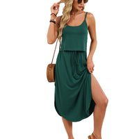 Spring Summer New Solid-Color U-Neck Camisole Drawstring Slit Dress
