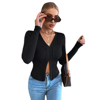 Casual Commuting Long Sleeve Slim Fit Cropped Split Neck Women's T-Shirt