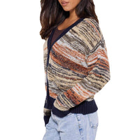Gradient Striped V-neck Knitted Cardigan Women's Color-contrasting Stripe Retro Short Fashionable Blended Sweater Coat