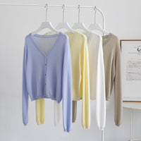 Spring And Summer V-neck Short Tencel Knitted Cardigan Pure Color All-matching