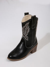V Cut Embroidered Sleeve Thick Heel Middle Denim Women's Boots