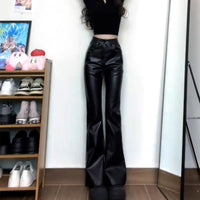 Slimming PU Leather Pants With A High Waist And Floor-length Hem