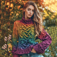 Womens Autumn High-Neck Sweater Retro Print American Streetwear Brand Loose-Fit Sweater
