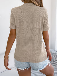 WomenS  Solid Color Hollow Out Button Short Sleeve Knit Top