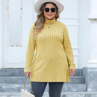 Women's Plus Size Turtleneck Slim Fit Striped Slit Mid-length Top