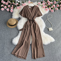 Retro Fashionable Temperament V-neck Short-sleeved Waist Jumpsuit