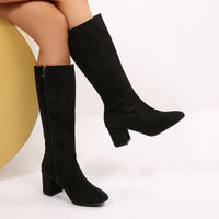 Fashionable Solid-Color Round-Toe Side-Zip Chunky-Heel Womens Over-the-Knee Boots