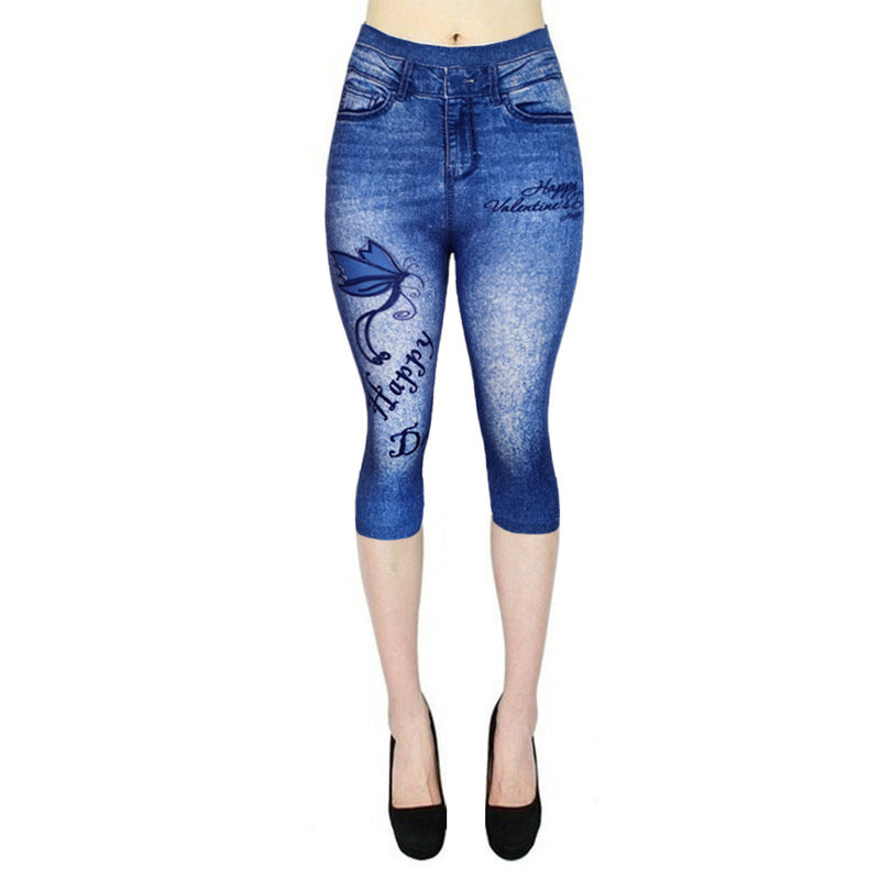 Printed Imitation Denim Cropped Trousers High Elasticity Hip Leggings