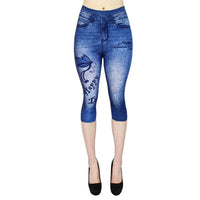 Printed Imitation Denim Cropped Trousers High Elasticity Hip Leggings