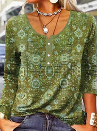 Women's Long-Sleeve Printed V-Neck Loose T-Shirt